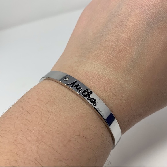 Mother Silver Toned with Rhinestone Sparkle Classic Cuff Bracelet - Picture 3 of 10